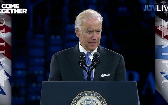 US Vice President Joe Biden addresses the 2016 American Israel Public Affairs Committee Policy Conference in Washington, DC, March 20, 2016. (YouTube screen capture)