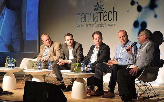 A panel of investors discussing the cannabis market at CannaTech, Israel’s first international cannabis technology conference, March 7, 2016. (Ben Sales/JTA)