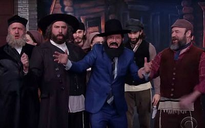 Comedian Stephen Colbert sings with the cast of the Broadway revival of 'Fiddler on the Roof,' March 1, 2016. (YouTube screen capture)