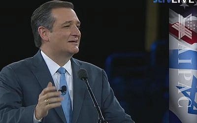 Ted Cruz speaking at the AIPAC policy conference in Washington on March 21, 2016. (screen capture: AIPAC/JLTV)