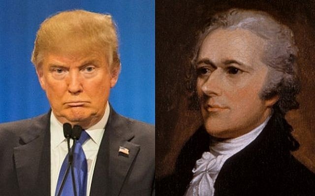 Republican presidential candidate Donald Trump (L) on March 3, 2016 (AFP/Geoff Robins) and founding father Alexander Hamilton (Public Domain)