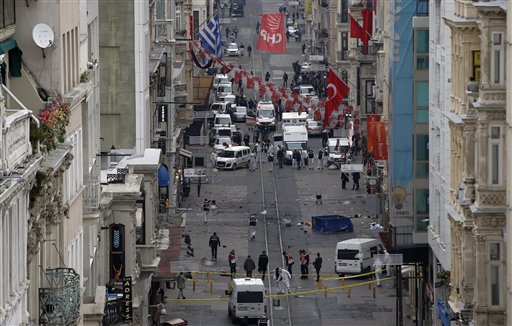 Emergency services at the scene of a suicide bombing on a busy shopping street in Istanbul, Turkey on March 19, 2016. (AP Photo/Emrah Gurel) Emergency services at the scene of a suicide bombing on a busy shopping street in Istanbul, Turkey on March 19, 2016. (AP Photo/Emrah Gurel)