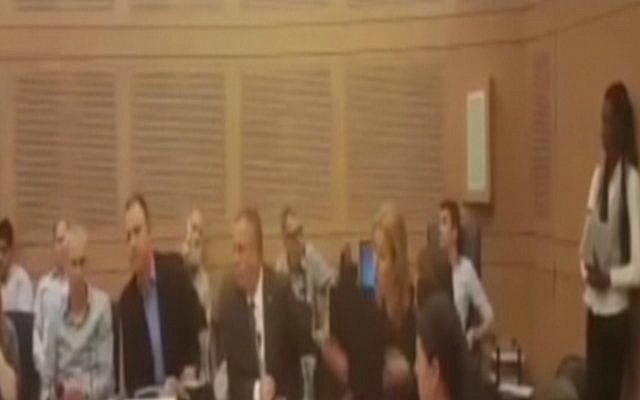 Zionist Union MKs (Erel Margalit (3rd left) and Tzipi Livni (5th left) argue during a faction meeting at the Knesset on March 7, 2016 (screen capture: Channel 2) Zionist Union MKs (Erel Margalit (3rd left) and Tzipi Livni (5th left) argue during a faction meeting at the Knesset on March 7, 2016 (screen capture: Channel 2)