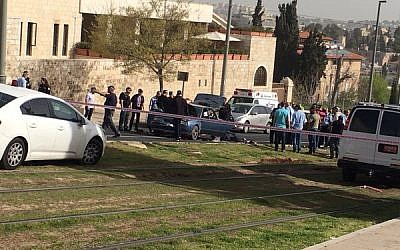 Police at the scene of a terror attack next to the Old City of Jerusalem, Tuesday March 9, 2015 (Israel Police)
