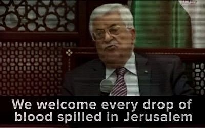 A screen capture from a clip played by Prime Minister Benjamin Netanyahu during his March 22, 2016 AIPAC speech showing Palestinian Authority President Mahmoud Abbas (screen capture: JLTV/YouTube) A screen capture from a clip played by Prime Minister Benjamin Netanyahu during his March 22, 2016 AIPAC speech showing Palestinian Authority President Mahmoud Abbas (screen capture: JLTV/YouTube)