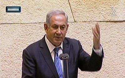Prime Minister Benjamin Netanyahu hits out at Arab MKs for supporting Hezbollah during a speech in the Knesset on March 7, 2016 (screen capture: Channel 2)