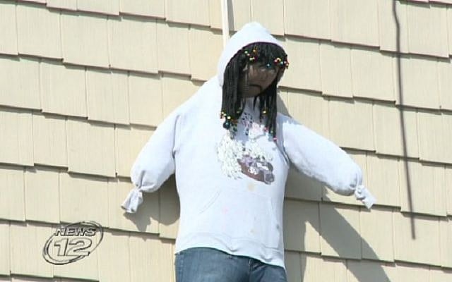 A Purim effigy that appeared to be of an African-American man drew widespread condemnation in Spring Valley, New York, March 24, 2016. (Screen capture: News 12) A Purim effigy that appeared to be of an African-American man drew widespread condemnation in Spring Valley, New York, March 24, 2016. (Screen capture: News 12)