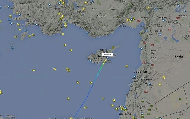 A screengrab from FlightRadar24.com showing the path of the hijacked EgyptAir flight, on March 29, 2016. (Screen capture)