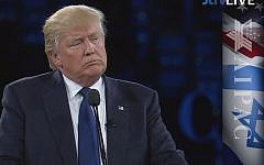Donald Trump speaking at the AIPAC policy conference in Washington on March 21, 2016. (Screen capture: AIPAC/JLTV)