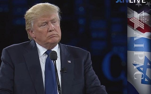 Donald Trump speaking at the AIPAC policy conference in Washington on March 21, 2016. (Screen capture: AIPAC/JLTV) Donald Trump speaking at the AIPAC policy conference in Washington on March 21, 2016. (Screen capture: AIPAC/JLTV)