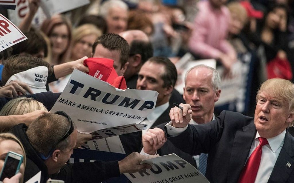 Republican presidential candidate Donald Trump at a campaign rally in Concord, North Carolina, March 7, 2016. (Sean Rayford/Getty Images/via JTA) Republican presidential candidate Donald Trump at a campaign rally in Concord, North Carolina, March 7, 2016. (Sean Rayford/Getty Images/via JTA)