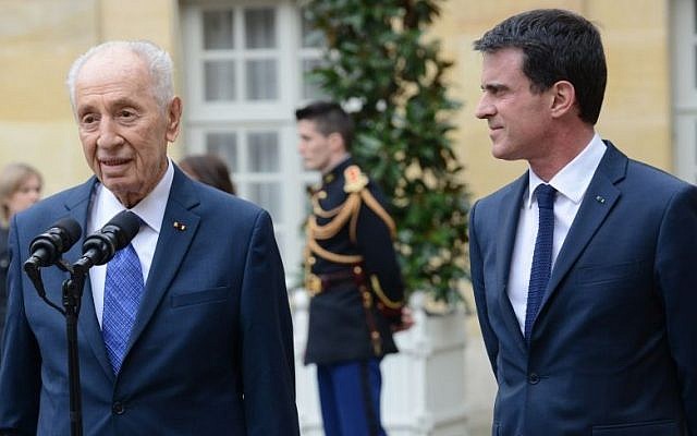 Former Israeli president Shimon Peres (left) with French Prime Minister Manuel Valls in Paris, March 24, 2016 (Courtesy Peres Center for Peace) Former Israeli president Shimon Peres (left) with French Prime Minister Manuel Valls in Paris, March 24, 2016 (Courtesy Peres Center for Peace)