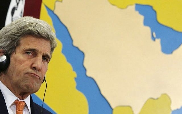 US Secretary of State John Kerry sits in front of a map of Saudi Arabia and the Persian Gulf during a joint press conference with Saudi Arabia's foreign minister in the Bahraini capital of Manama, on April 7, 2016. (AFP/Jonathan Ernst/Pool) US Secretary of State John Kerry sits in front of a map of Saudi Arabia and the Persian Gulf during a joint press conference with Saudi Arabia's foreign minister in the Bahraini capital of Manama, on April 7, 2016. (AFP/Jonathan Ernst/Pool)