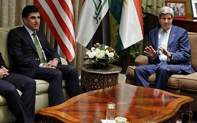 US Secretary of State John Kerry meets with the Prime Minister of Iraq's autonomous Kurdish region, Nechirvan Barzani (R) on April 8, 2016 at the US embassy in the capital Baghdad. (AFP PHOTO/X90178/JONATHAN ERNST)