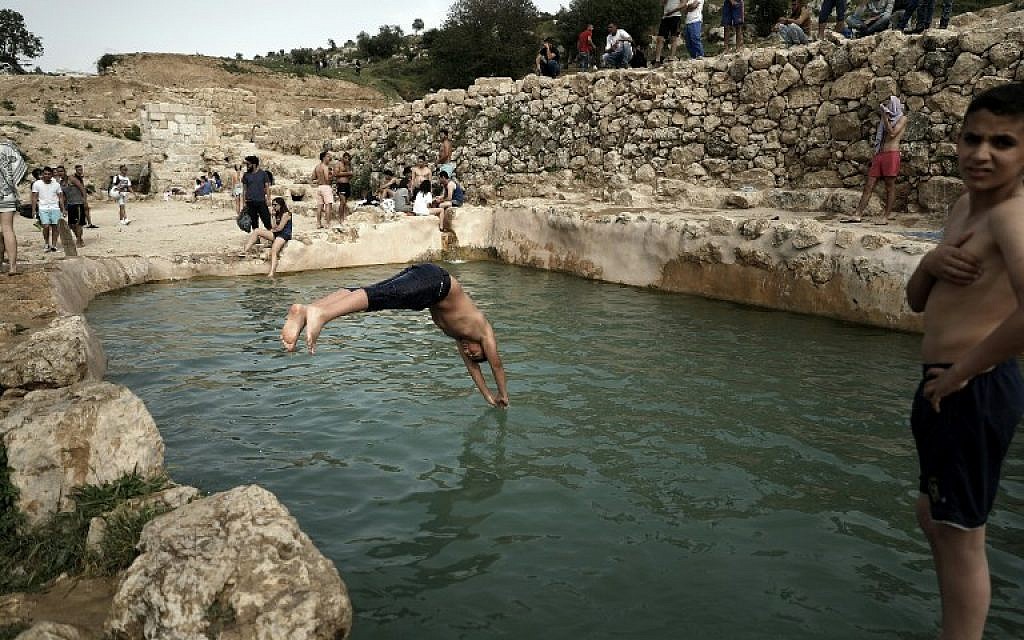 A Palestinian youth dives in a natural spring pool near the West Bank city of Beit Jala, in southern Jerusalem, as temperatures hit a high of 32ºC on April 9, 2016 (AFP PHOTO / THOMAS COEX)