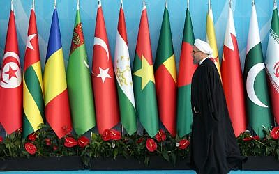 Iranian President Hassan Rouhani walks during a welcoming ceremony of the 13th Organization of Islamic Cooperation (OIC) Summit at the Istanbul Congress Center (ICC), Istanbul, April 14 2016. (AFP/POOL/BERK OZKAN)