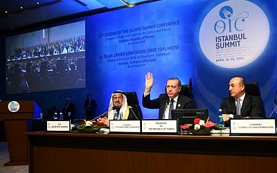 Turkish President Recep Tayyip Erdogan (center) waves during the end of the closing session of the 13th Organization of Islamic Cooperation (OIC) Summit in Istanbul, Turkey, on April 15, 2016. (AFP/Kayhan Ozer/Pool)