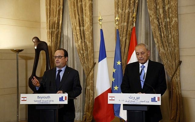 French President Francois Hollande speaks during a joint press conference with Lebanese Parliament Speaker Nabih Berri, right, after their meeting in Beirut, April 16, 2016. (AFP/ANWAR AMRO) French President Francois Hollande speaks during a joint press conference with Lebanese Parliament Speaker Nabih Berri, right, after their meeting in Beirut, April 16, 2016. (AFP/ANWAR AMRO)