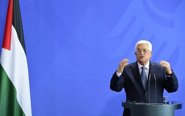 Palestinian Authority President Mahmoud Abbas speaks during a press conference after a meeting with German Chancellor Angela Merkel on April 19, 2016 at the chancellery in Berlin. (AFP PHOTO / TOBIAS SCHWARZ) Palestinian Authority President Mahmoud Abbas speaks during a press conference after a meeting with German Chancellor Angela Merkel on April 19, 2016 at the chancellery in Berlin. (AFP PHOTO / TOBIAS SCHWARZ)