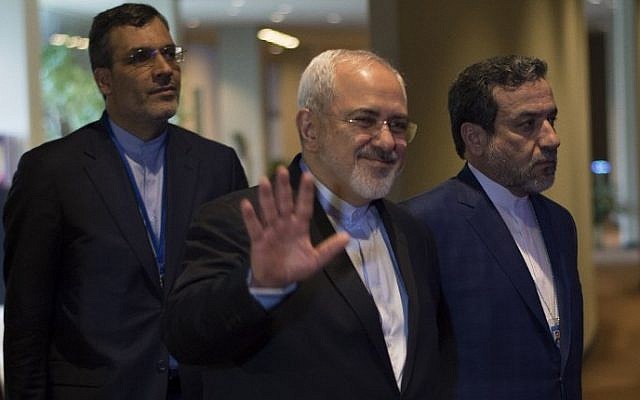 Iran's Foreign Minister Mohammad Javad Zarif, center, arrives for a meeting with US Secretary of State John Kerry April 19, 2016, at the United Nations in New York. (AFP / DON EMMERT) Iran's Foreign Minister Mohammad Javad Zarif, center, arrives for a meeting with US Secretary of State John Kerry April 19, 2016, at the United Nations in New York. (AFP / DON EMMERT)