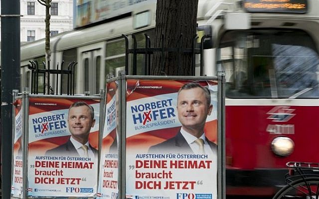 Election campaign posters of presidential candidate Norbert Hofer from the far-right Freedom Party of Austria (FPOE) is seen in Vienna, Austria on April 19, 2016. (AFP PHOTO / JOE KLAMAR) Election campaign posters of presidential candidate Norbert Hofer from the far-right Freedom Party of Austria (FPOE) is seen in Vienna, Austria on April 19, 2016. (AFP PHOTO / JOE KLAMAR)