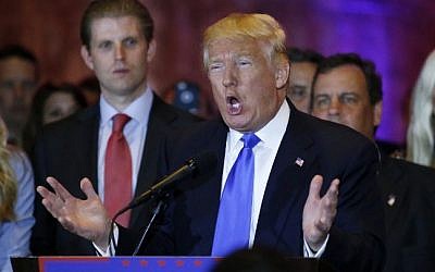 US Republican frontrunner Donald Trump speaks at Trump Tower in New York on April 26,2016 after winning primaries in Pennsylvania, Maryland, Connecticut, Rhode Island and Delaware. (AFP PHOTO / KENA BETANCUR)