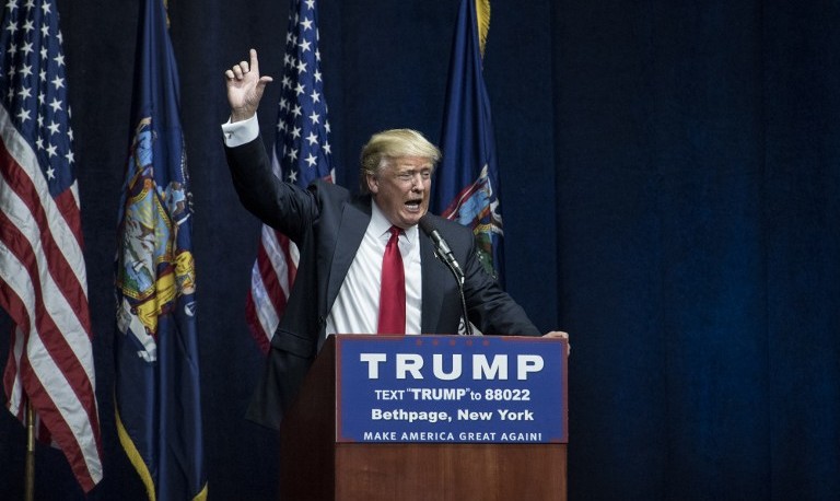Republican presidential candidate Donald Trump speaks at a campaign rally on April 6, 2016 in Bethpage, New York, ahead of the state's April 15 primary. (Andrew Renneisen/Getty Images/AFP) Republican presidential candidate Donald Trump speaks at a campaign rally on April 6, 2016 in Bethpage, New York, ahead of the state's April 15 primary. (Andrew Renneisen/Getty Images/AFP)