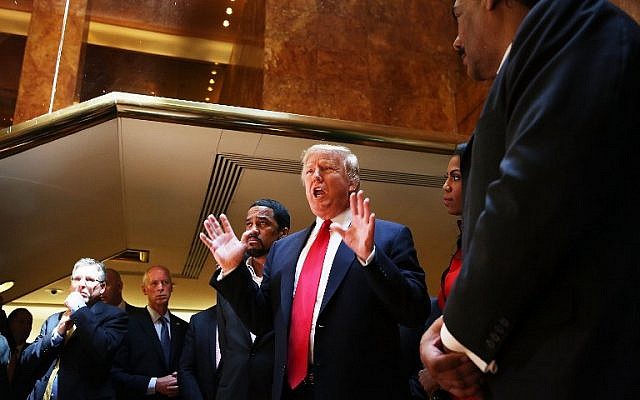 Republican presidential candidate Donald Trump greets members of the "National Diversity Coalition for Trump," in New York City a day ahead of the New York primary on April 18, 2016. (Spencer Platt/Getty Images/AFP)