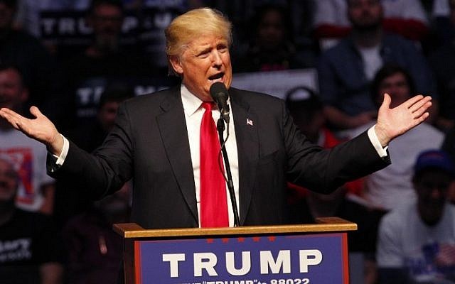 Republican presidential candidate Donald Trump addresses the crowd during a campaign rally at the Indiana Farmers Coliseum on April 27, 2016, in Indianapolis, Indiana. (John Sommers II/Getty Images/AFP)