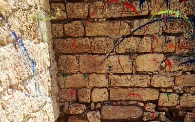Paint left from a high school party discovered at the ancient citadel in Ashdod during the Passover holiday April, 2016. (Courtesy, Israel Antiquities Authority)