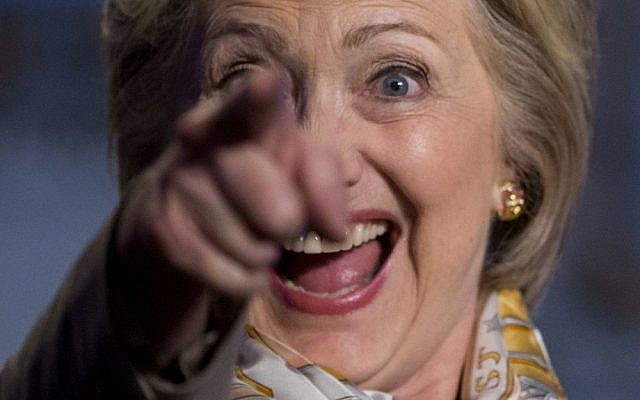 Democratic presidential candidate Hillary Clinton points to members in the audience after speaking at the 2016 Legislative Conference of North America's Building Trades Unions in Washington, Tuesday, April 19, 2016. (AP/Pablo Martinez Monsivais) 