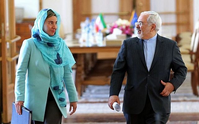 Iranian Foreign Minister Mohammad Javad Zarif, right, and European Union foreign policy chief Federica Mogherini after their meeting, in Tehran, Iran, April 16, 2016. (AP /Ebrahim Noroozi) Iranian Foreign Minister Mohammad Javad Zarif, right, and European Union foreign policy chief Federica Mogherini after their meeting, in Tehran, Iran, April 16, 2016. (AP /Ebrahim Noroozi)