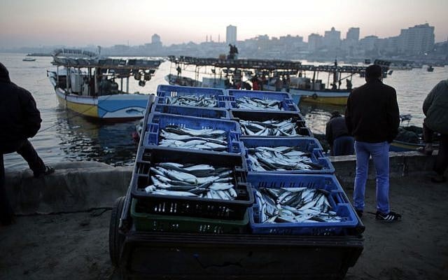 Palestinian fishermen prepare fish for sale after a night long fishing trip, in Gaza seaport , Monday, April 4, 2016. (AP/ Khalil Hamra)
