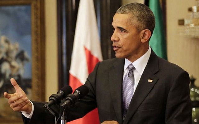 US President Barack Obama gestures during a press conference in Riyadh, Saudi Arabia, April 21, 2016. (AP/Hasan Jamali) US President Barack Obama gestures during a press conference in Riyadh, Saudi Arabia, April 21, 2016. (AP/Hasan Jamali)