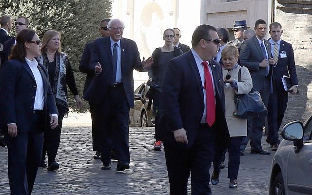 Democratic presidential candidate Bernie Sanders and his wife Jane leave after a conference of Pontifical Academy of Social Sciences on April 15, 2016 in Vatican City, Vatican. (Elisabetta Villa/Getty Images)