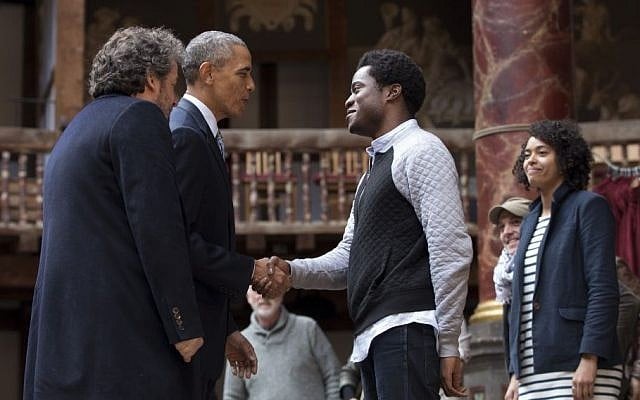 President Barack Obama, 2nd left, greets actors on stage after watching them perform Shakespeare's Hamlet at the Globe Theatre in London, Saturday, April 23, 2016. (AP/Carolyn Kaster) 