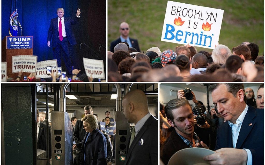 Campaigning in New York, clockwise from left: Donald Trump greeting the crowd in Bethpage, Long Island, April 6, 2016 (Washington Post via Getty Images); a sign at a Bernie Sanders event in Brooklyn, March 31, 2016 (D Dipasupil/WireImage/Getty Images); Ted Cruz signing an autograph in the Bronx, April 6, 2016 (Bryan Thomas/Getty Images); Hillary Clinton swiping a MetroCard at a Bronx subway, April 7, 2016 (Andrew Renneisen/Getty Images). Campaigning in New York, clockwise from left: Donald Trump greeting the crowd in Bethpage, Long Island, April 6, 2016 (Washington Post via Getty Images); a sign at a Bernie Sanders event in Brooklyn, March 31, 2016 (D Dipasupil/WireImage/Getty Images); Ted Cruz signing an autograph in the Bronx, April 6, 2016 (Bryan Thomas/Getty Images); Hillary Clinton swiping a MetroCard at a Bronx subway, April 7, 2016 (Andrew Renneisen/Getty Images).
