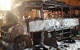 A minibus in Bnei Brak that went up in flames on April 27, 2016. (Israel Police)