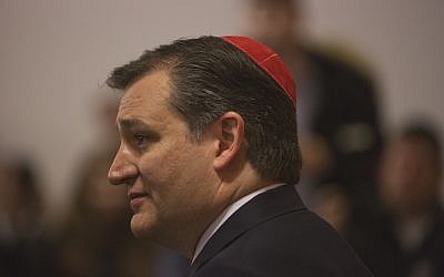 Senator Ted Cruz, a Republican from Texas and 2016 presidential candidate, listens at a campaign stop at the Jewish Center of Brighton Beach in the Brooklyn borough of New York, U.S., on Thursday, April 7, 2016. (Victor J. Blue/Bloomberg/via JTA) Senator Ted Cruz, a Republican from Texas and 2016 presidential candidate, listens at a campaign stop at the Jewish Center of Brighton Beach in the Brooklyn borough of New York, U.S., on Thursday, April 7, 2016. (Victor J. Blue/Bloomberg/via JTA)