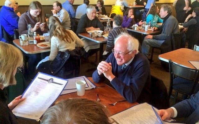 Democratic presidential candidate Sen. Bernie Sanders, I-Vt., right, talks with Barbara Lawton, former Lt. Gov. of Wisconsin, as he visits Blue's diner during a campaign stop, April 5, 2016, Milwaukee. (Mike De Sisti/Milwaukee Journal-Sentinel via AP)