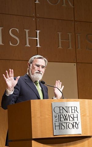 Rabbi Jonathan Sacks speaks on the power of religious texts to shape lives at The Center for Jewish History in New York, April 5, 2016. (courtesy)