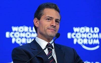 Enrique Pena Nieto, Mexico’s president, speaking during a panel session at the World Economic Forum in Davos, Switzerland, Jan. 22, 2016. (JTA/Jason Alden/Bloomberg)