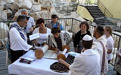 Prayer services at the pluralistic prayer pavilion at the Western Wall, on July 17, 2014. (Gershon Elinson/Flash90)