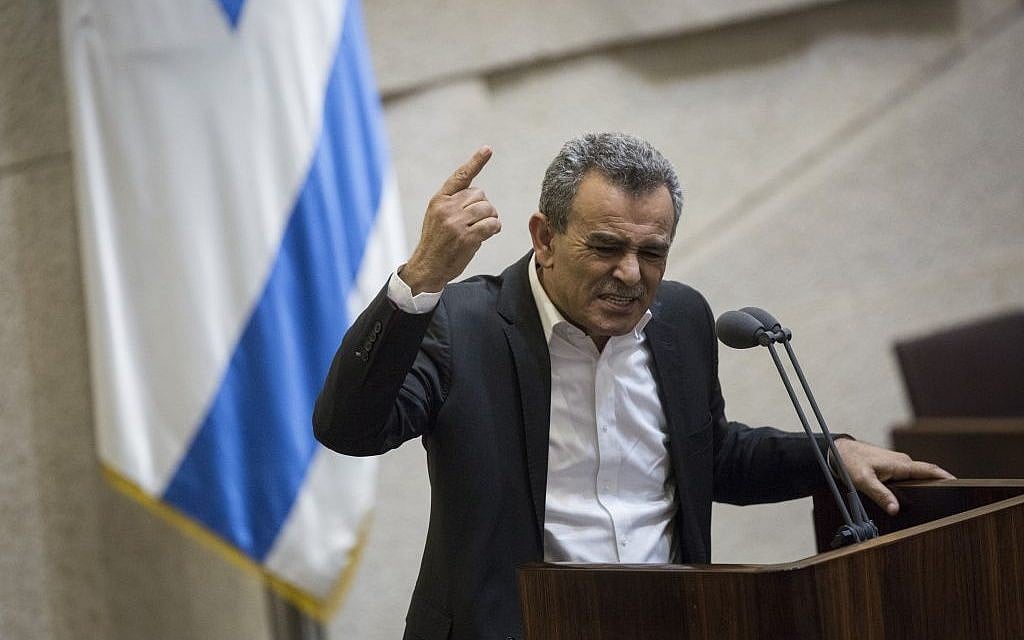 Joint (Arab) List MK Jamal Zahalka speaks during a plenum session in the assembly hall of the Israeli parliament, February 8, 2016. (Hadas Parush/Flash90)