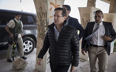 Isaac Herzog, front, during a visit in Jerusalem on March 14, 2016. (Hadas Parush/Flash90)