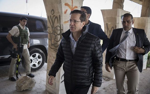 Isaac Herzog, front, during a visit in Jerusalem on March 14, 2016. (Hadas Parush/Flash90) Isaac Herzog, front, during a visit in Jerusalem on March 14, 2016. (Hadas Parush/Flash90)