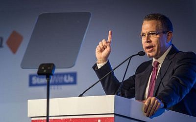 Minister of Public Security and Strategic Affairs, Gilad Erdan, speaks during the Yediot Ahronot newspaper's conference "Fighting the Boycott" discussing issues and ways to fight the BDS movement, at the Jerusalem Convention Center, on March 28, 2016. (Hadas Parush/Flash90)