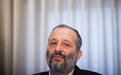 File: Minister of Interior Affairs Aryeh Deri gives a statement to the media during a conference at the Ramada hotel in Jerusalem, on March 30, 2016. (Yonatan Sindel/Flash90)