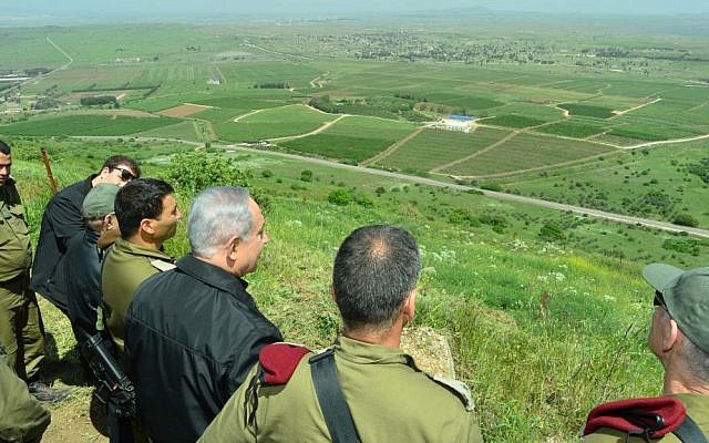 Benjamin Netanyahu seen during a security and defense tour in the Golan Heights, near the Northern Israeli border with Syria. April 11, 2016. (Kobi Gideon/GPO)