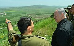 Illustrative. Prime Minister Benjamin Netanyahu tours the Golan Heights near the Syrian border, April 11, 2016. (Kobi Gideon/GPO)